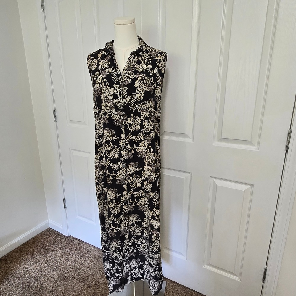 Bice Maxi Dress Womens Large‎ Black Floral Sleeveless Button Front Rayon